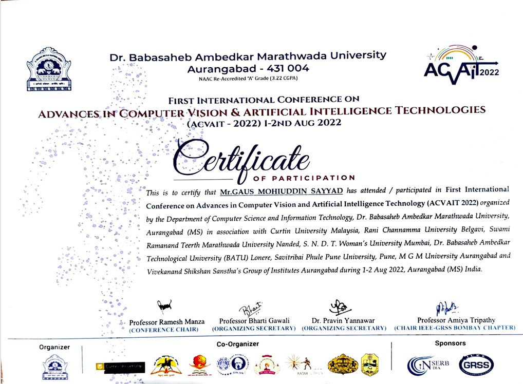 Participated in the First International Conference on Advances in Computer Vision and Artificial Intelligence Technologies (ACVAIT 2022)