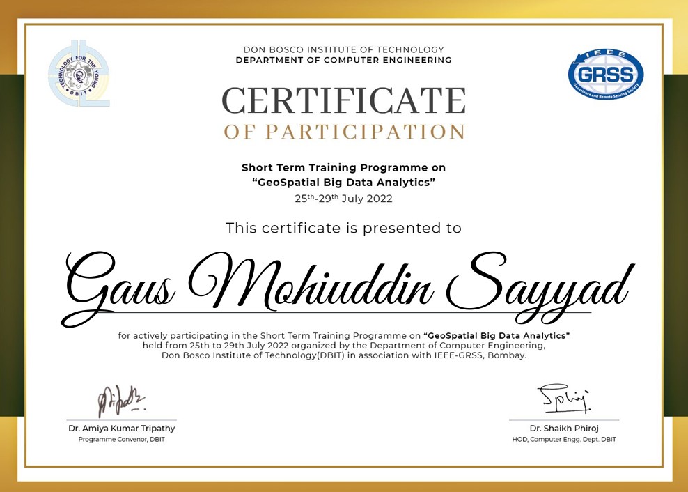 Participated in Geospatial Big Data Analytics STTP